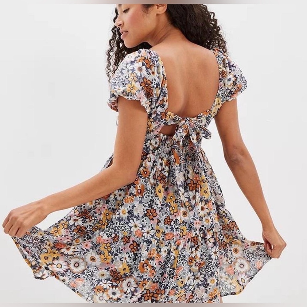 American Eagle Floral Button-Front Tie-Back Babydoll Mini Dress S